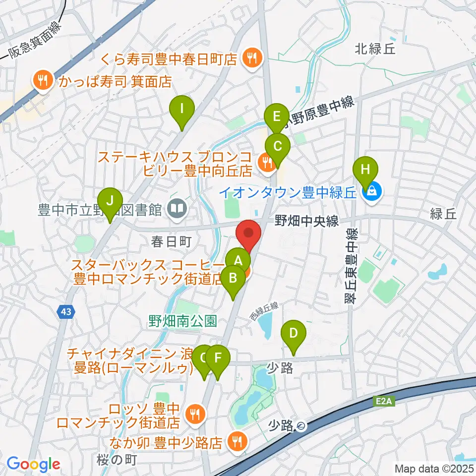 緑丘センター ヤマハミュージック周辺のカフェ一覧地図