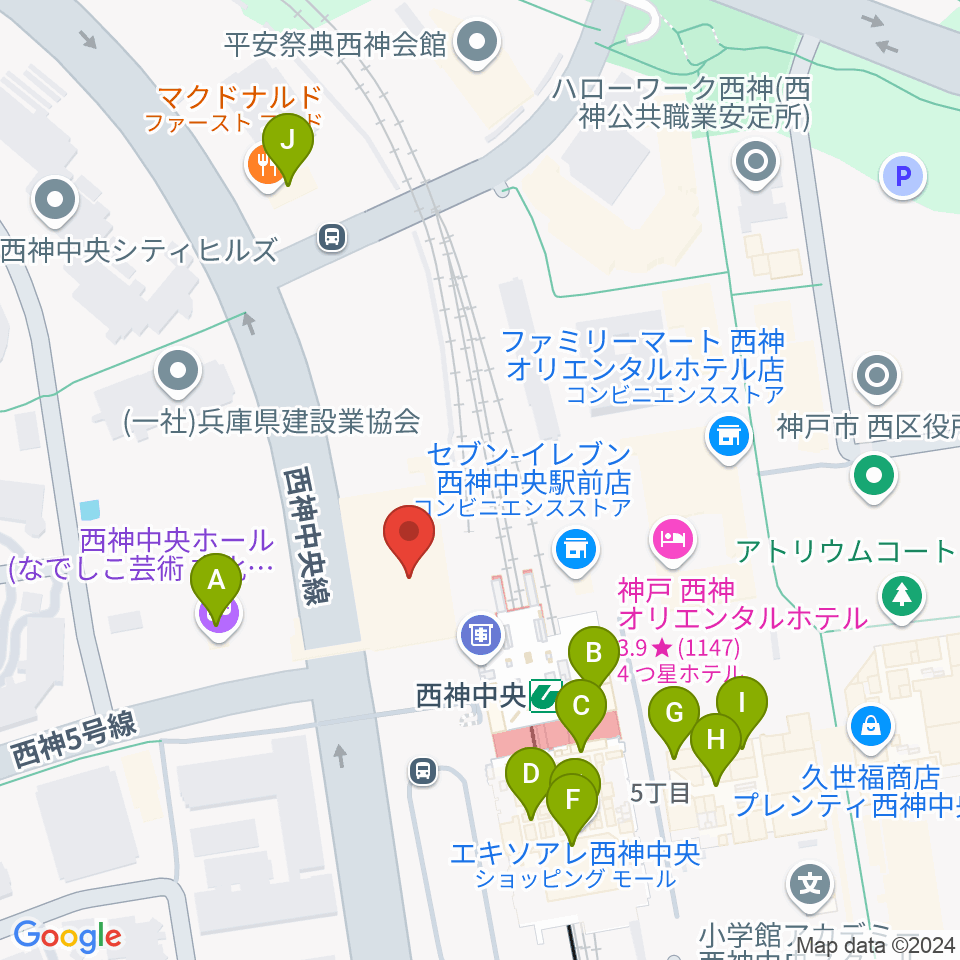 西神中央センター ヤマハミュージック周辺のカフェ一覧地図