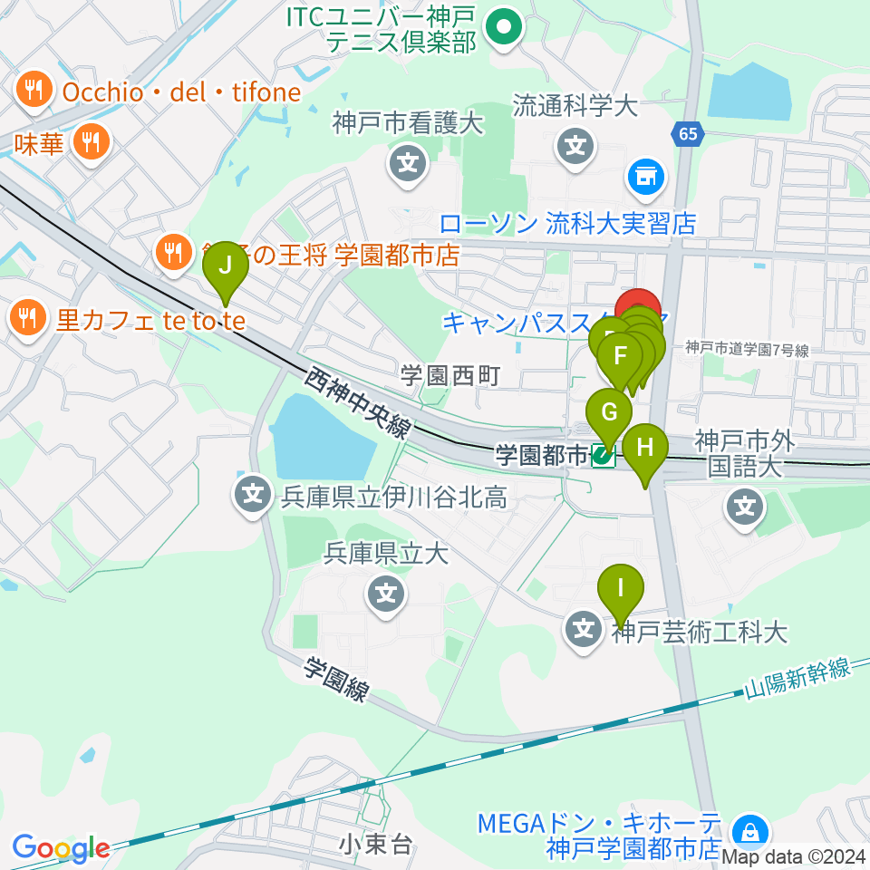 学園都市センター ヤマハミュージック周辺のカフェ一覧地図