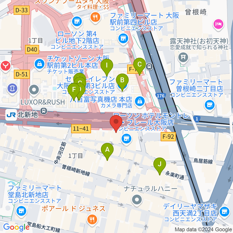 凛ミュージック 北新地音楽サロン周辺のカフェ一覧地図