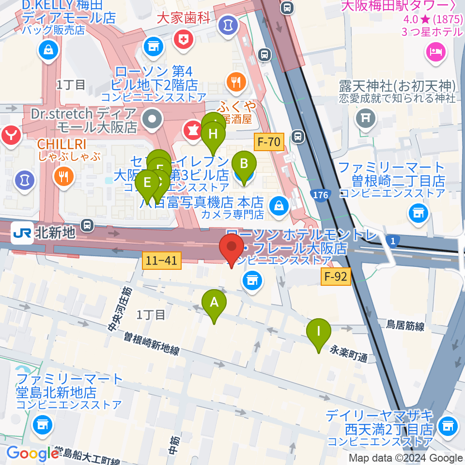 凛ミュージック 北新地音楽サロン周辺のカフェ一覧地図