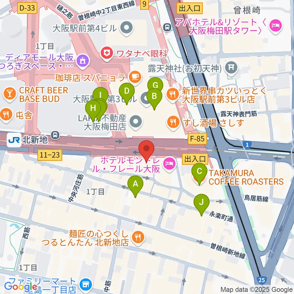 凛ミュージック 北新地音楽サロン周辺のカフェ一覧地図