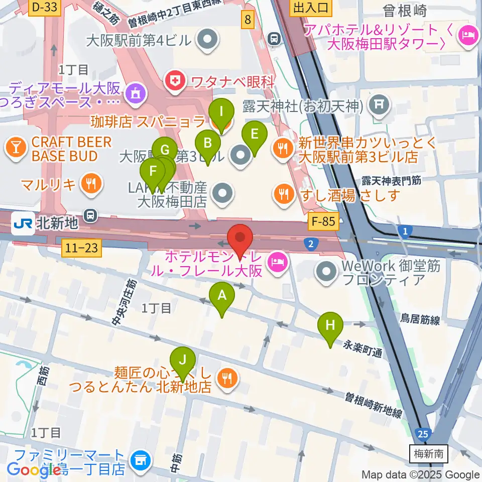 凛ミュージック 北新地音楽サロン周辺のカフェ一覧地図
