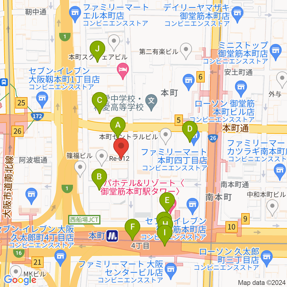 凛ミュージック 本町ピアノサロン周辺のカフェ一覧地図