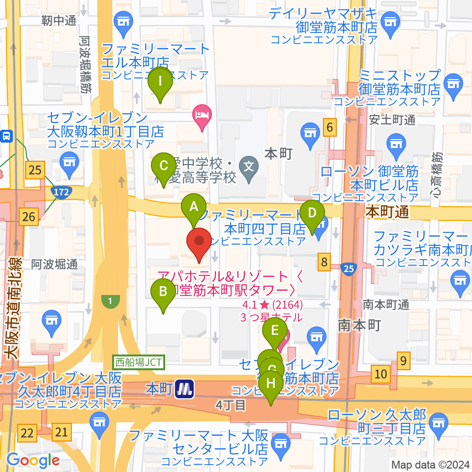 凛ミュージック 本町ピアノサロン周辺のカフェ一覧地図