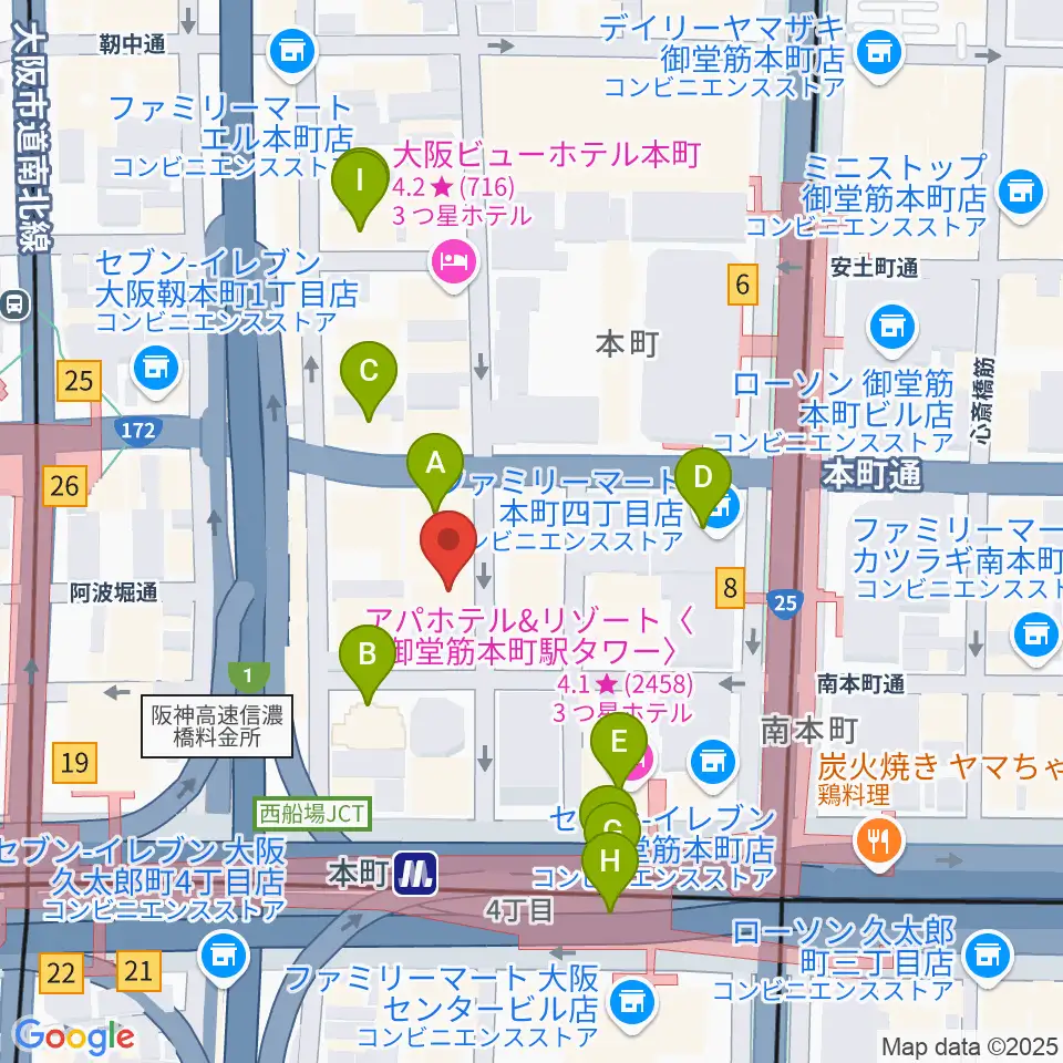 凛ミュージック 本町ピアノサロン周辺のカフェ一覧地図