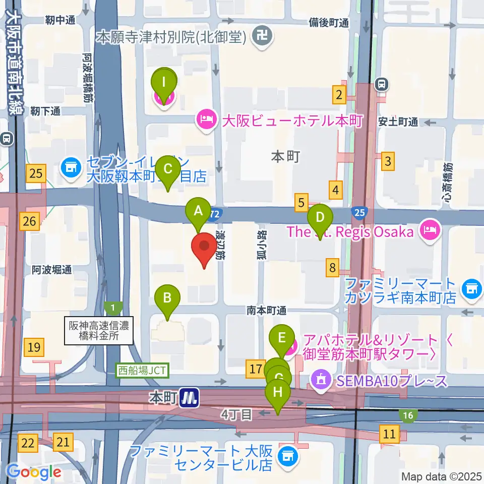 凛ミュージック 本町ピアノサロン周辺のカフェ一覧地図