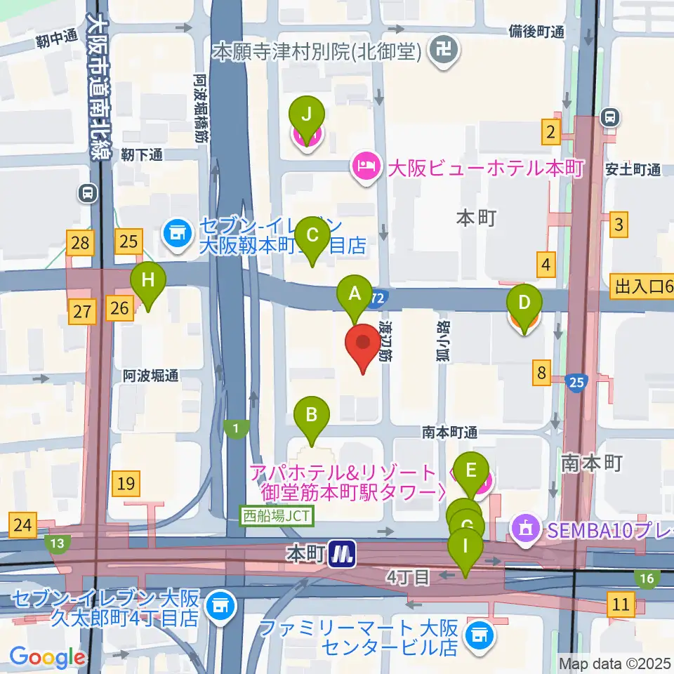 凛ミュージック 本町ピアノサロン周辺のカフェ一覧地図