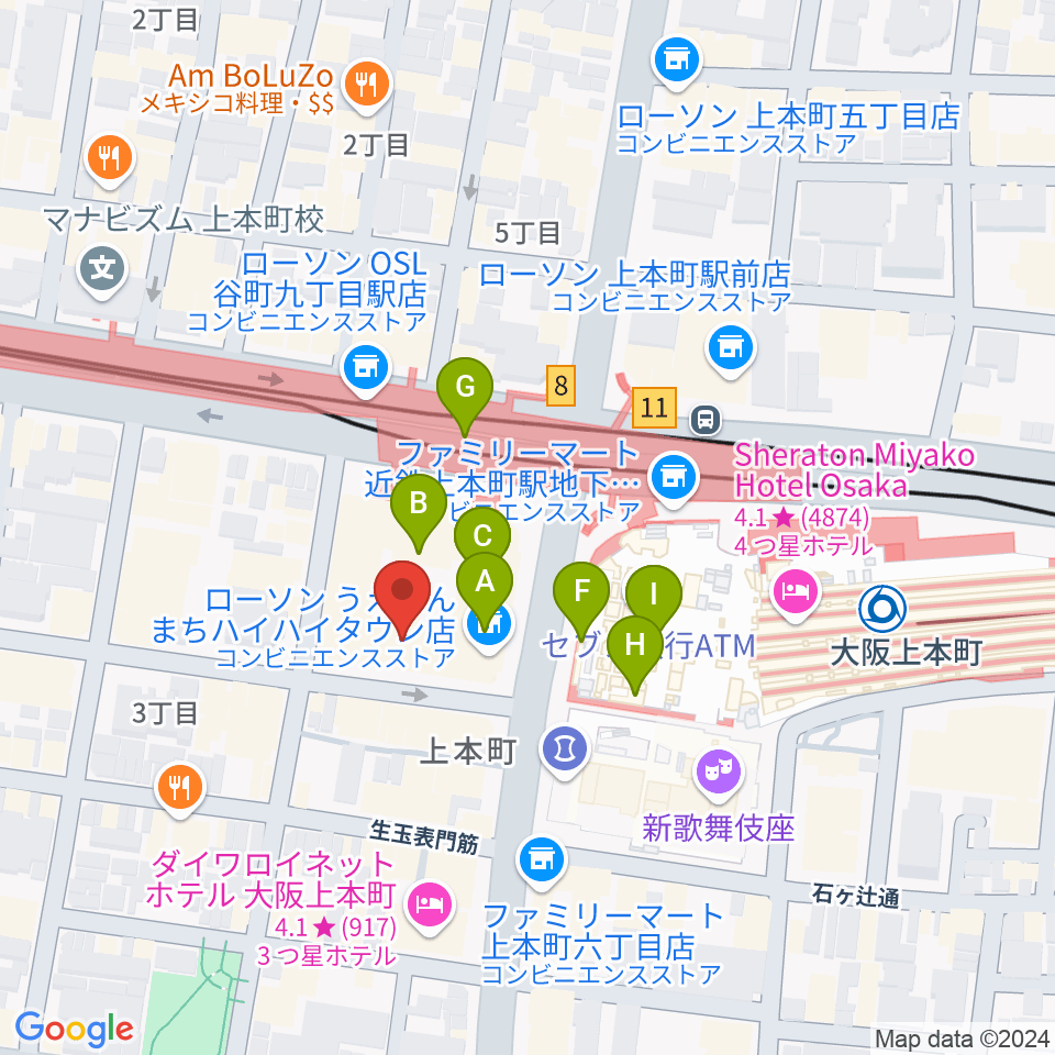 凛ミュージック 上本町ハイハイタウン教室周辺のカフェ一覧地図