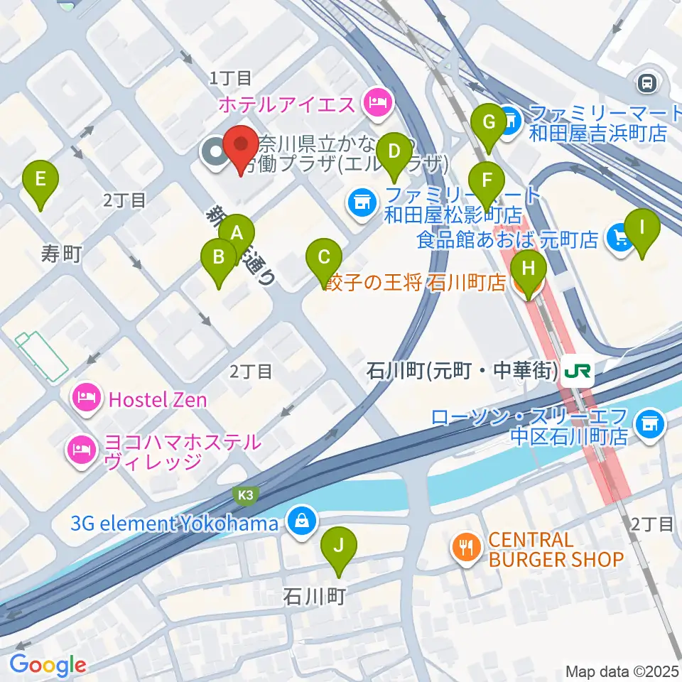 かながわ労働プラザ 音楽スタジオ周辺のカフェ一覧地図