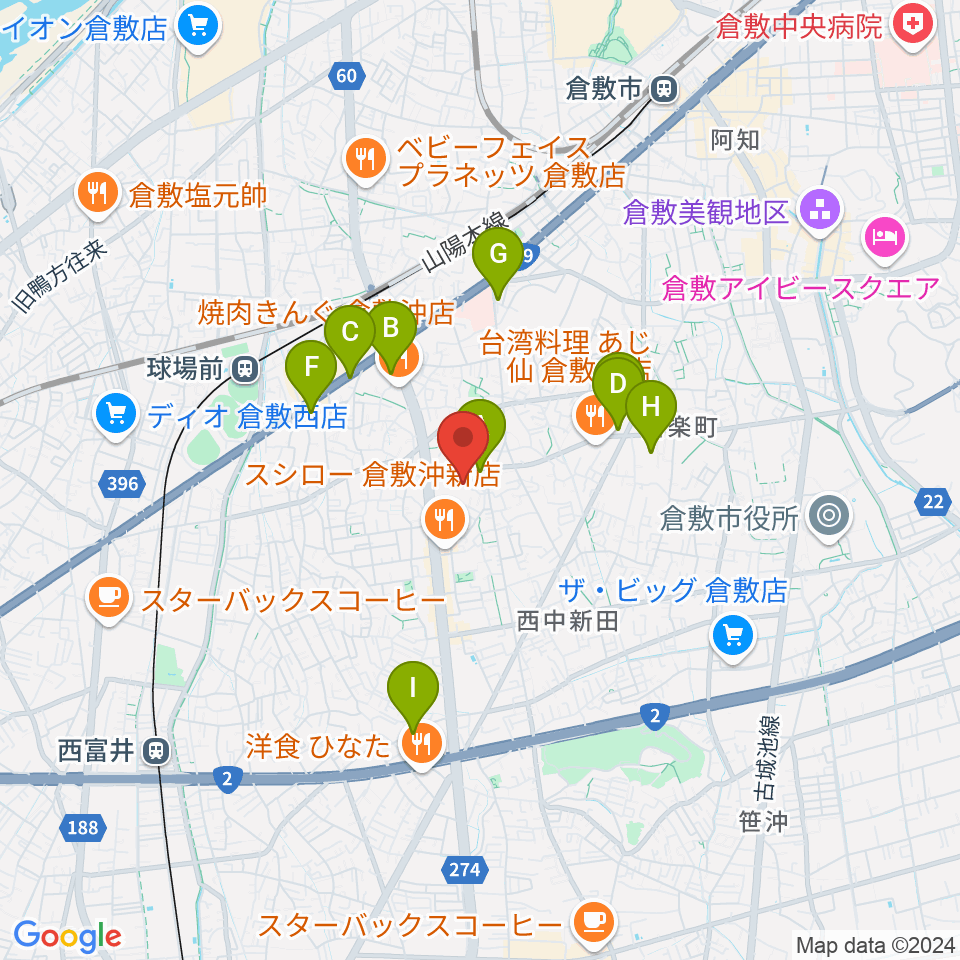 ミュージックアベニュー倉敷 ヤマハミュージック周辺のカフェ一覧地図