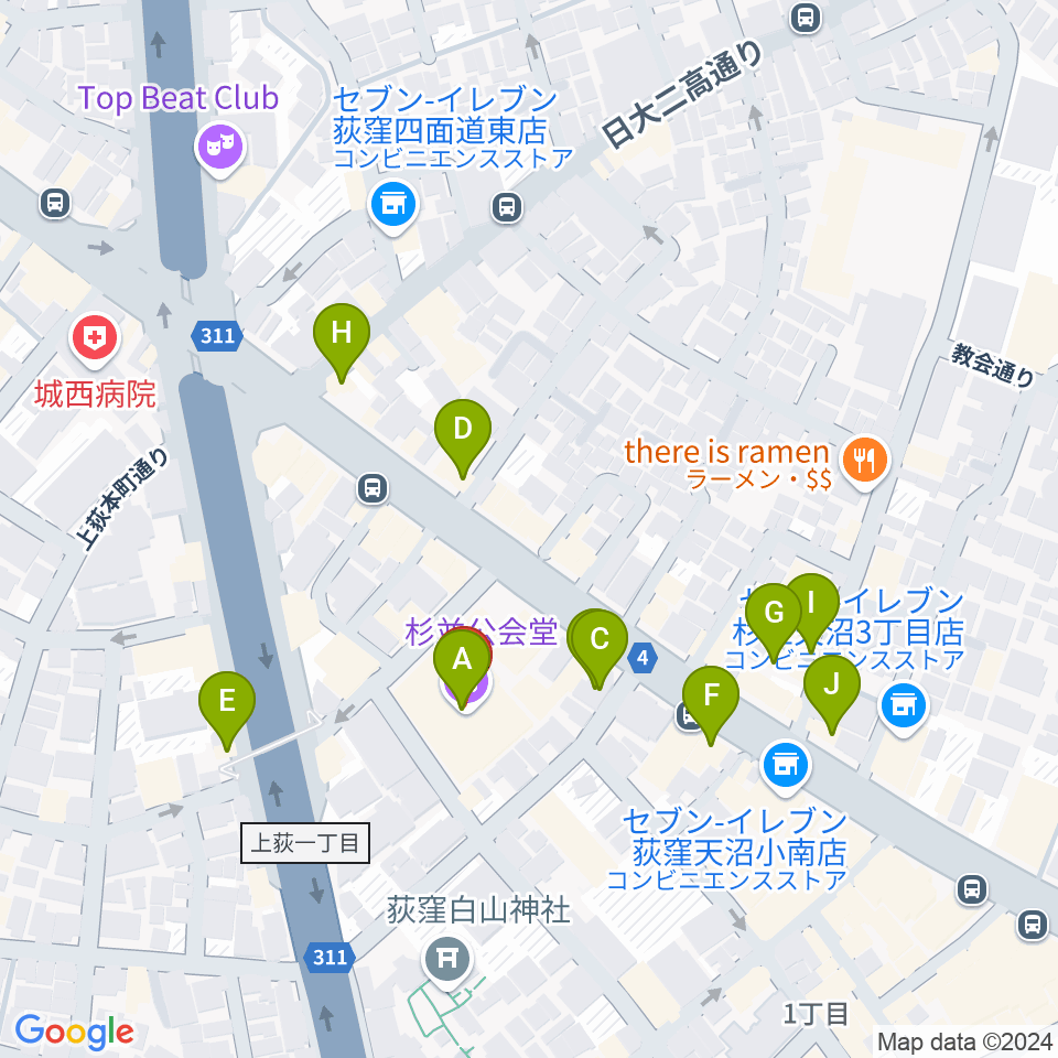 杉並公会堂 グランサロン・スタジオ周辺のカフェ一覧地図