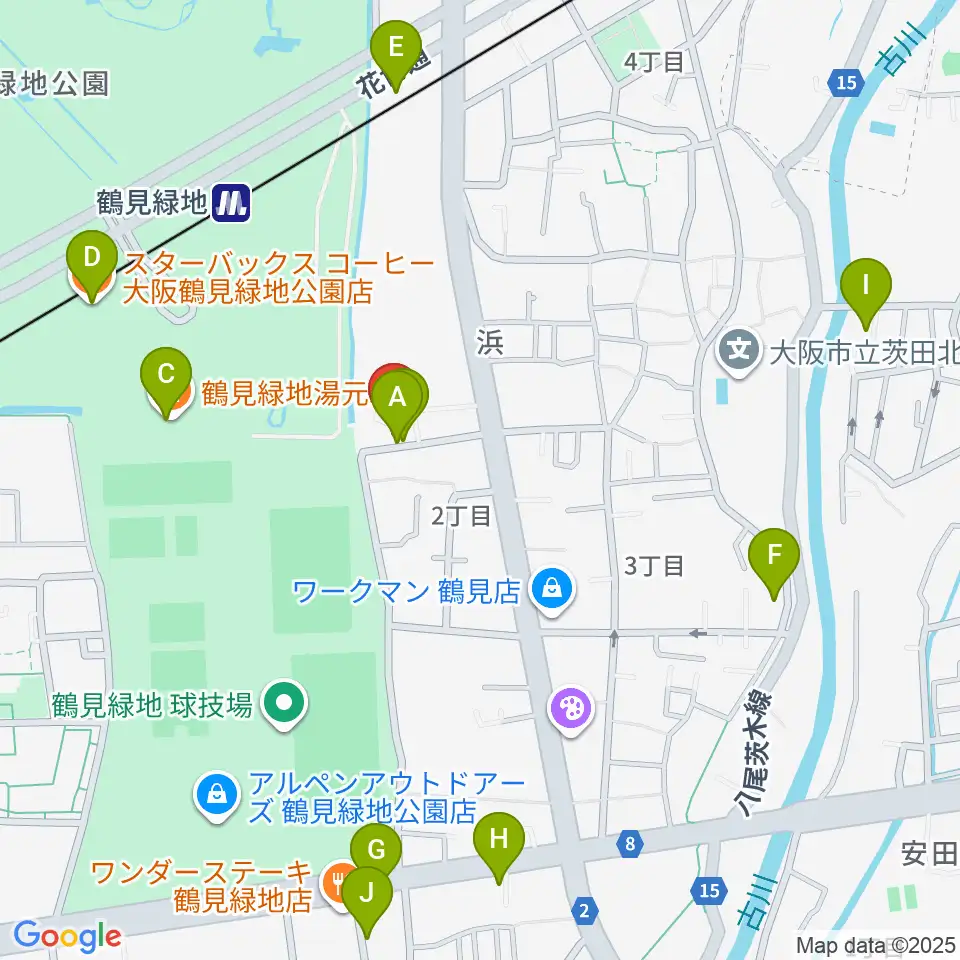 鶴見緑地NADGE STUDIO周辺のカフェ一覧地図