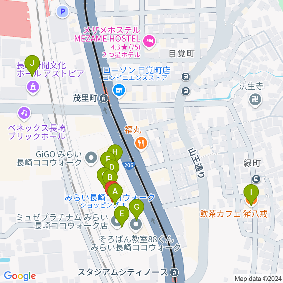 長崎ココウォークセンター ヤマハミュージック周辺のカフェ一覧地図