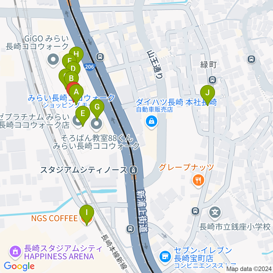 長崎ココウォークセンター ヤマハミュージック周辺のカフェ一覧地図