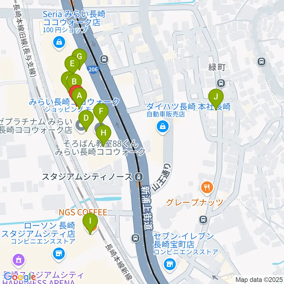 長崎ココウォークセンター ヤマハミュージック周辺のカフェ一覧地図