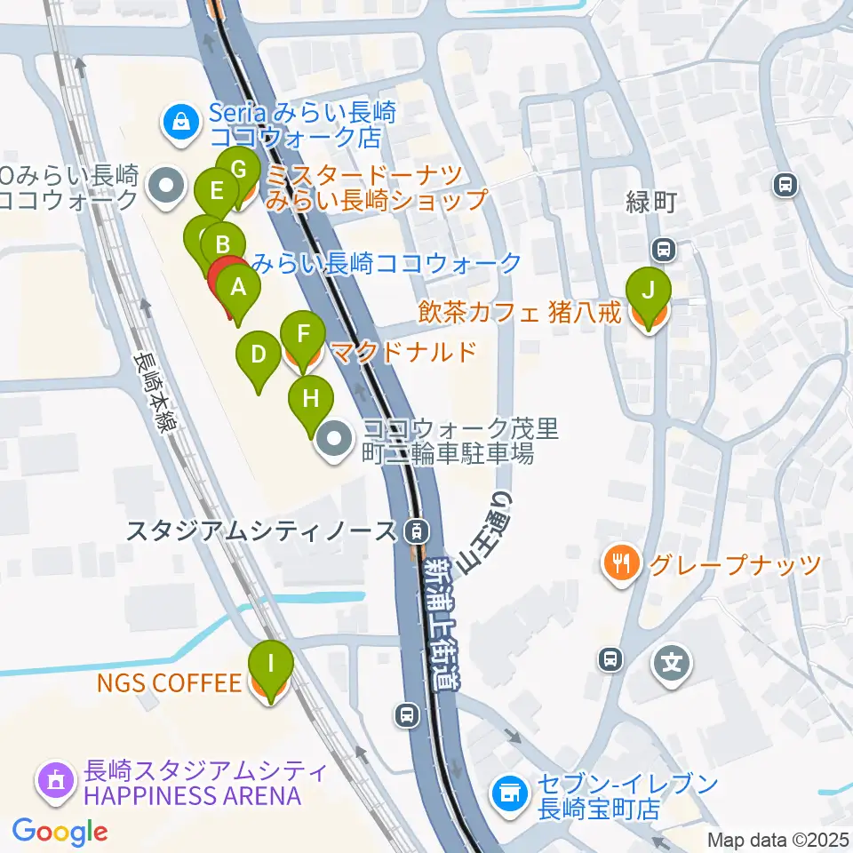 長崎ココウォークセンター ヤマハミュージック周辺のカフェ一覧地図