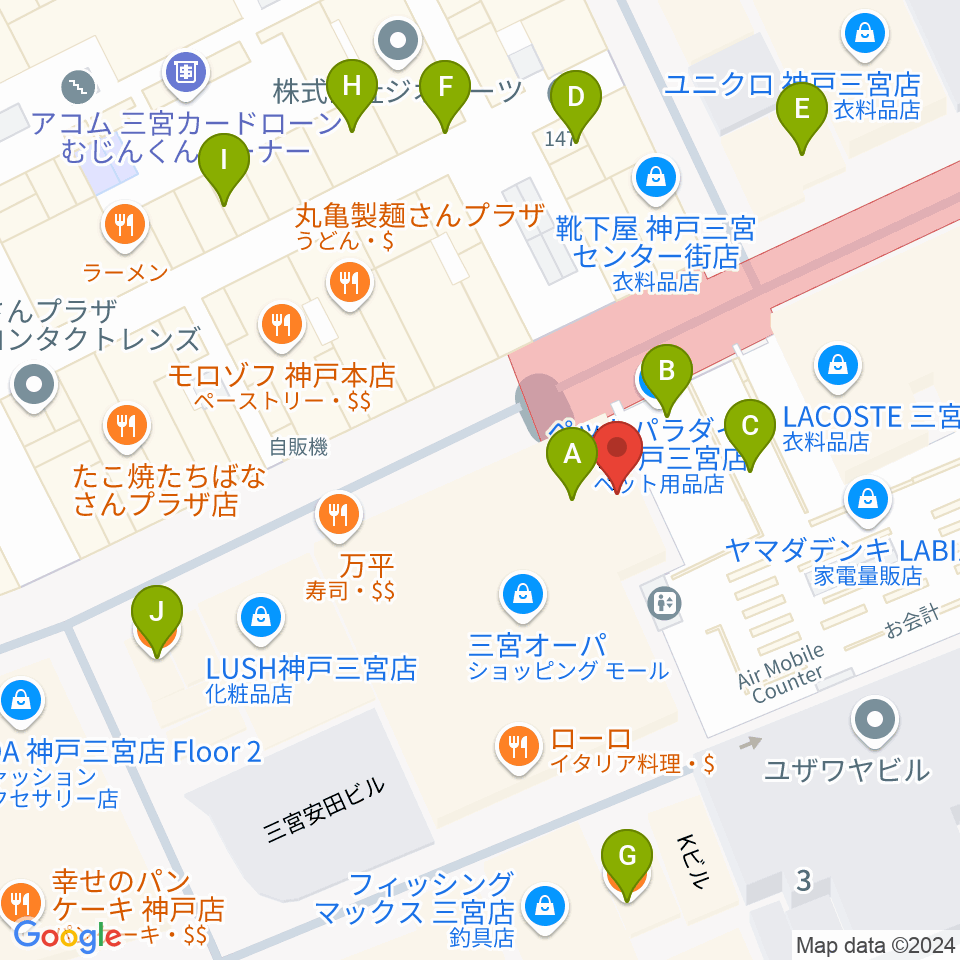 島村楽器 三宮オーパ店周辺のカフェ一覧地図