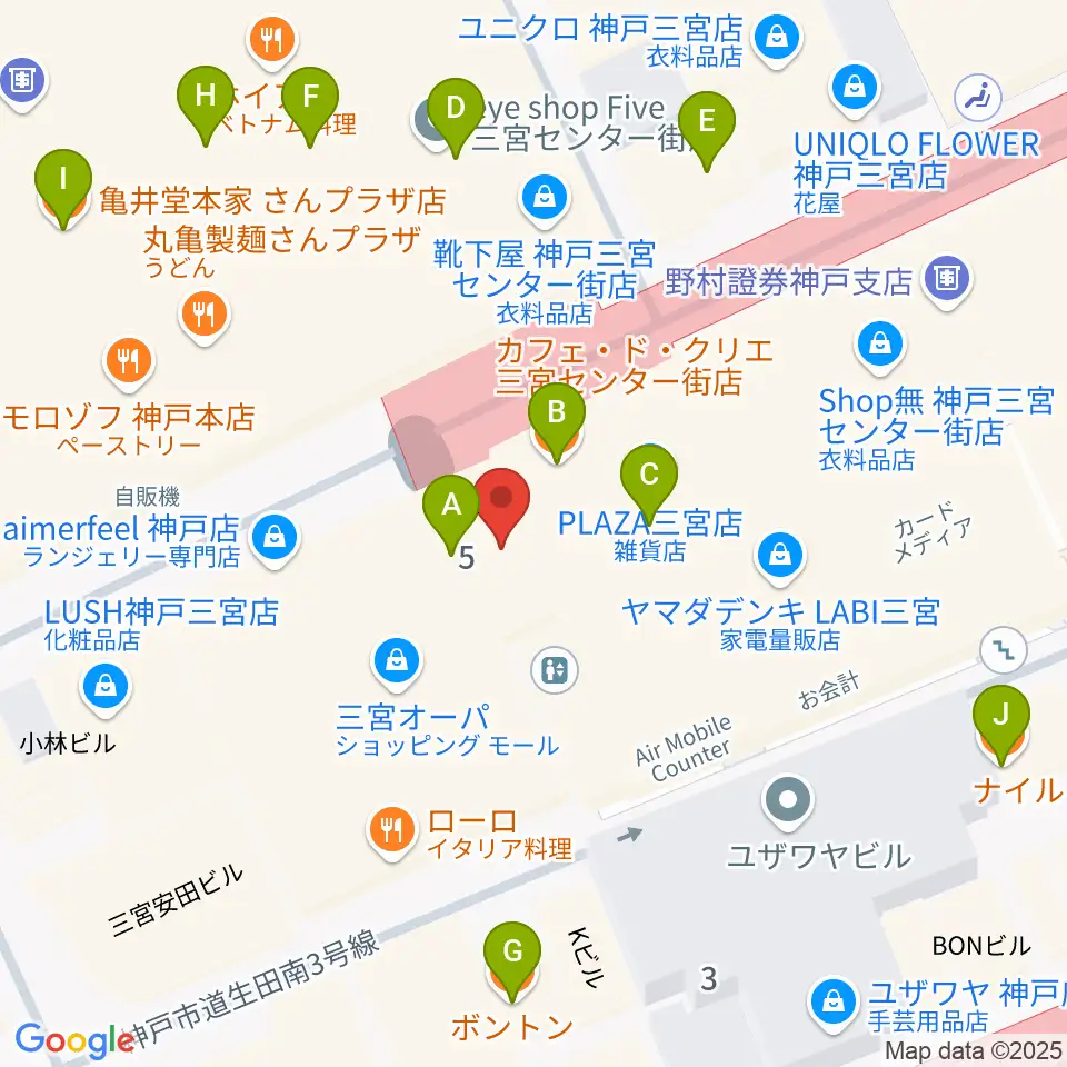 島村楽器 三宮オーパ店周辺のカフェ一覧地図