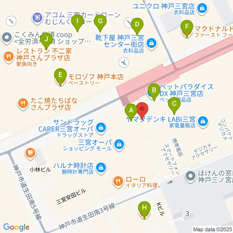 島村楽器 三宮オーパ店周辺のカフェ一覧地図