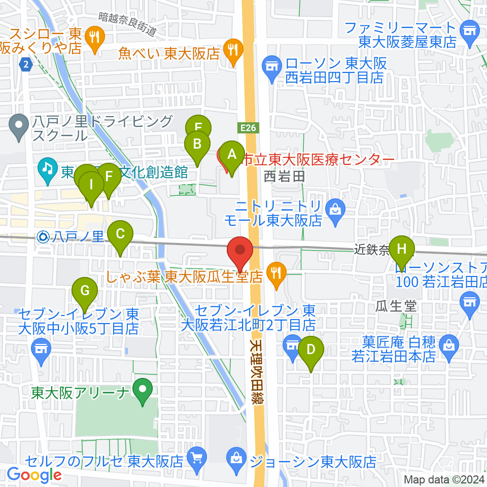 小阪楽器店 八戸ノ里店周辺のカフェ一覧地図