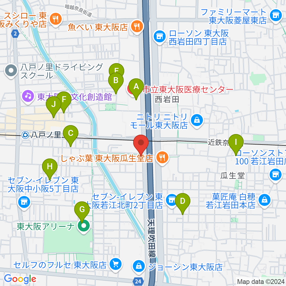 小阪楽器店 八戸ノ里店周辺のカフェ一覧地図