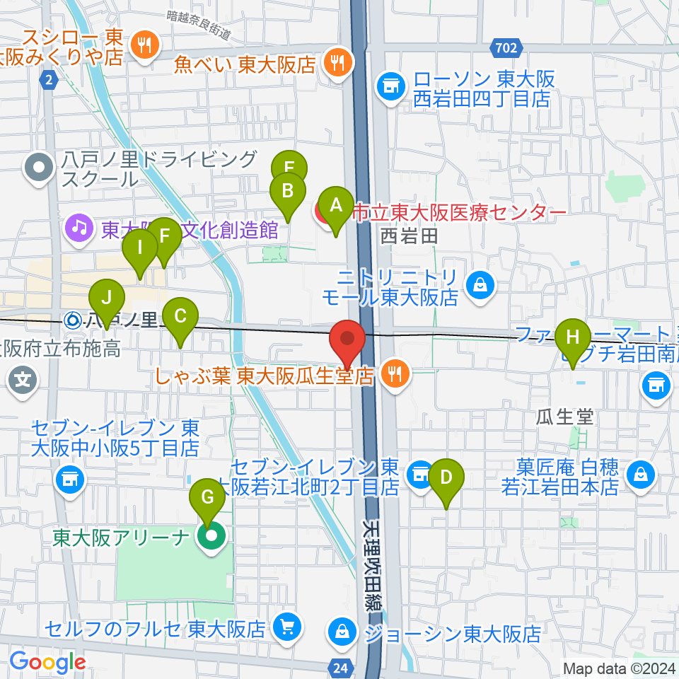 小阪楽器店 八戸ノ里店周辺のカフェ一覧地図