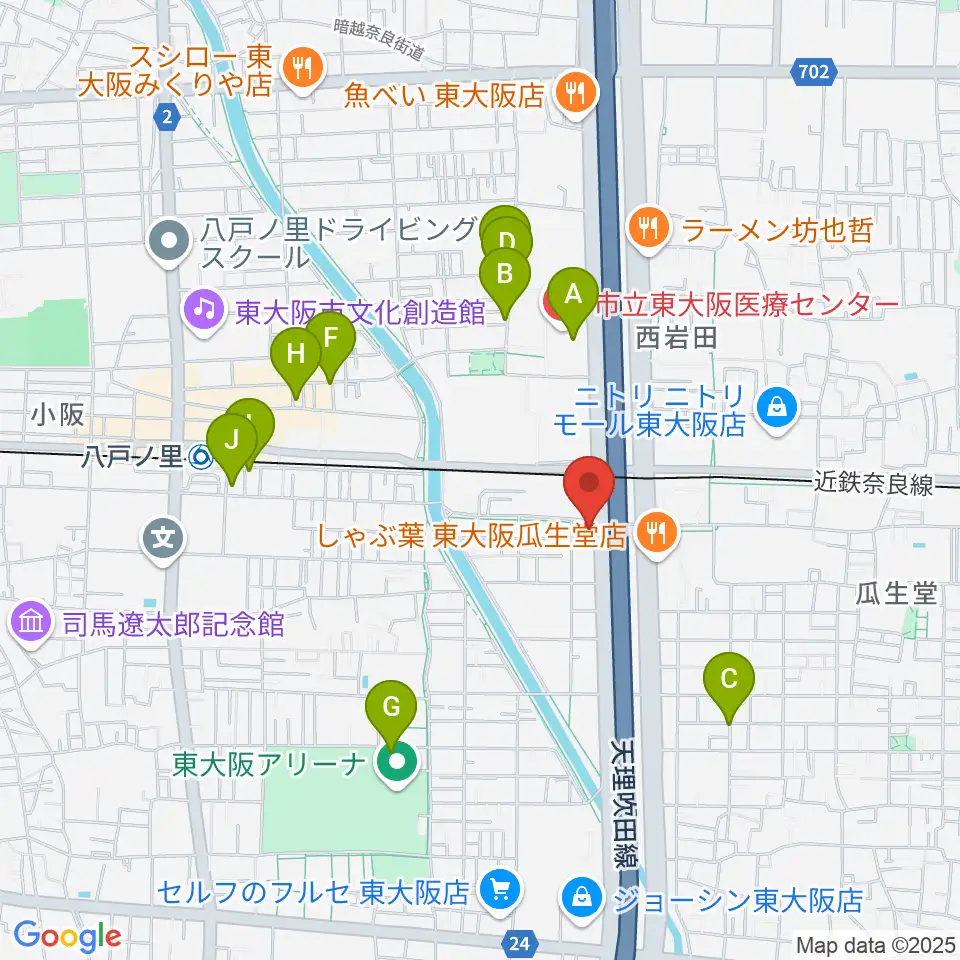 小阪楽器店 八戸ノ里店周辺のカフェ一覧地図