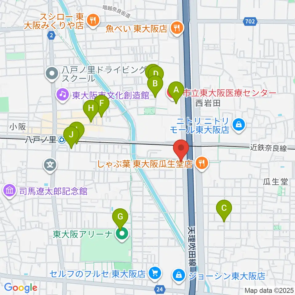 小阪楽器店 八戸ノ里店周辺のカフェ一覧地図