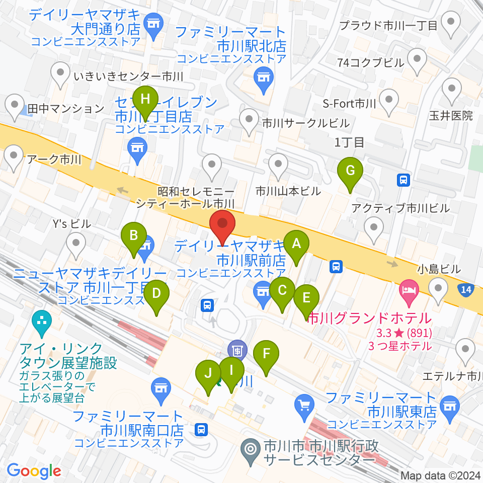 宮地楽器 市川センター周辺のカフェ一覧地図