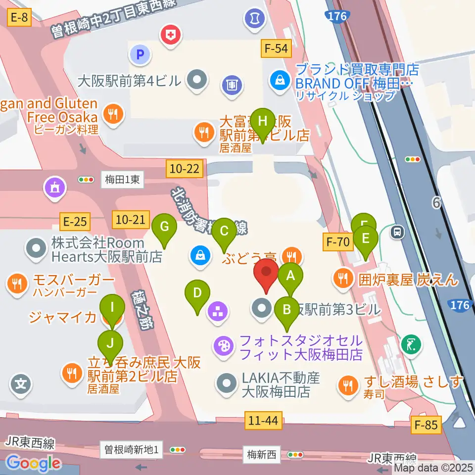 アール・エイチ・ワイ梅田周辺のカフェ一覧地図