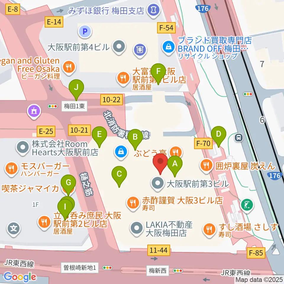 アール・エイチ・ワイ梅田周辺のカフェ一覧地図