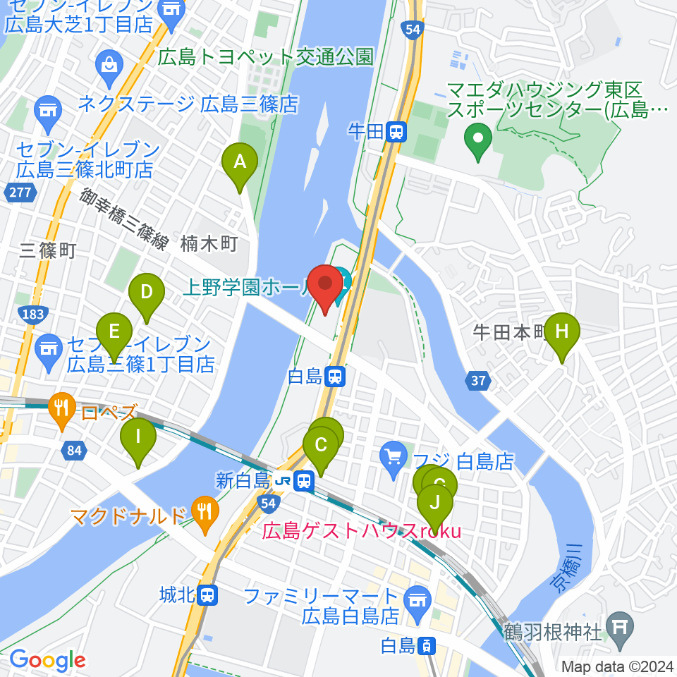 上野学園ホール 広島県立文化芸術ホール 周辺のカフェ一覧マップ