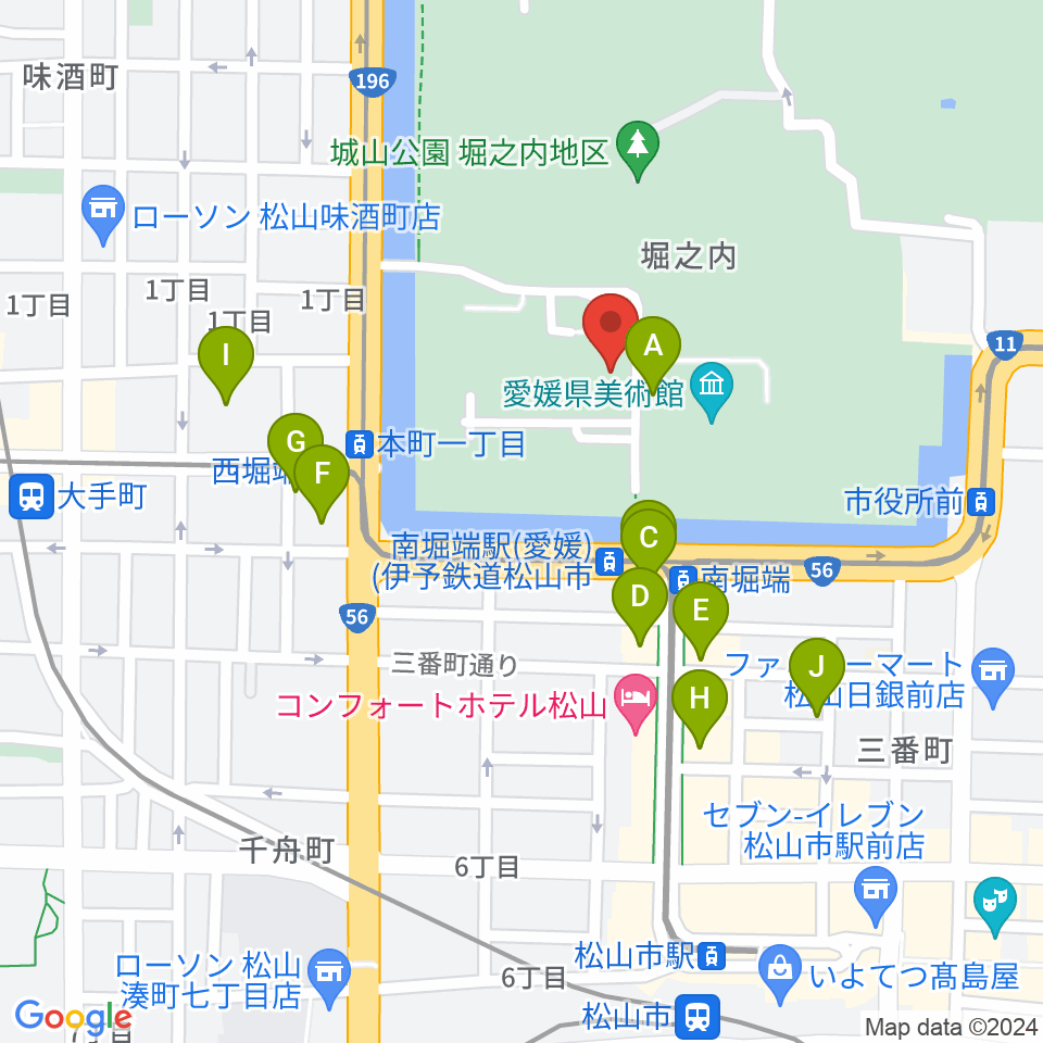 松山市民会館周辺のカフェ一覧地図