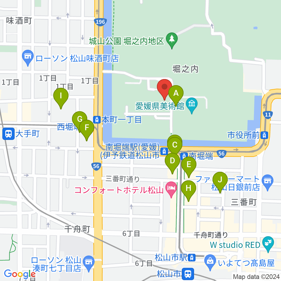 松山市民会館周辺のカフェ一覧地図