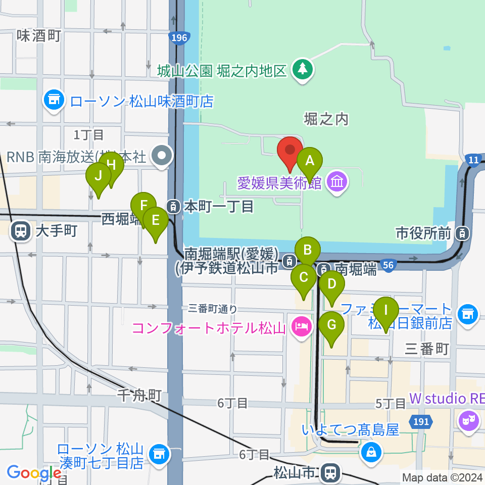 松山市民会館周辺のカフェ一覧地図