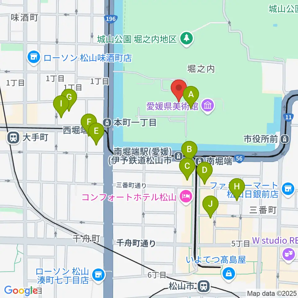 松山市民会館周辺のカフェ一覧地図