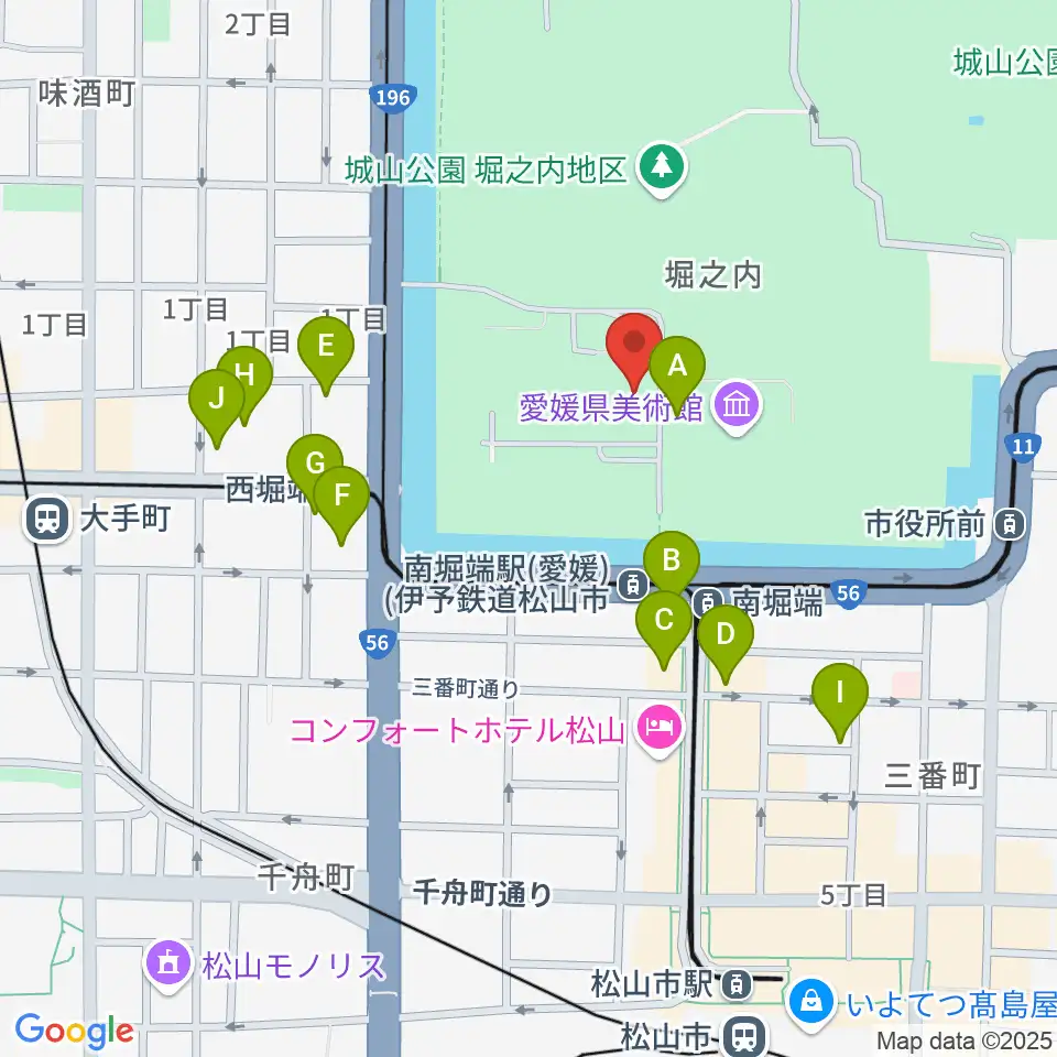 松山市民会館周辺のカフェ一覧地図