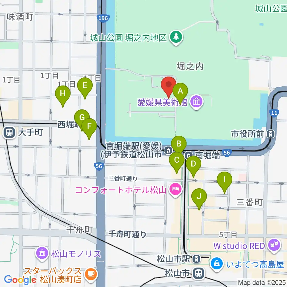 松山市民会館周辺のカフェ一覧地図