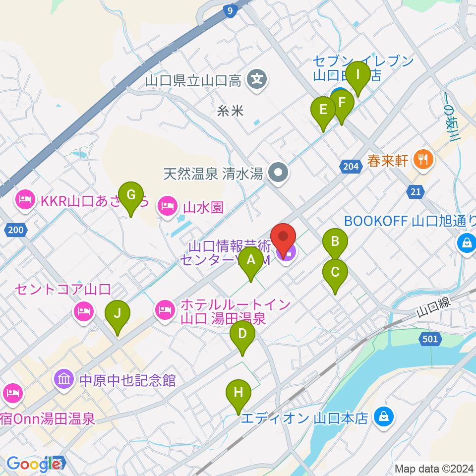 山口情報芸術センターYCAM周辺のカフェ一覧地図