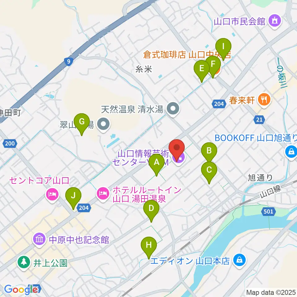山口情報芸術センターYCAM周辺のカフェ一覧地図