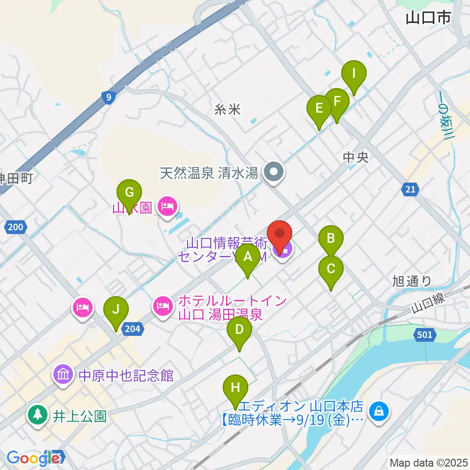 山口情報芸術センターYCAM周辺のカフェ一覧地図