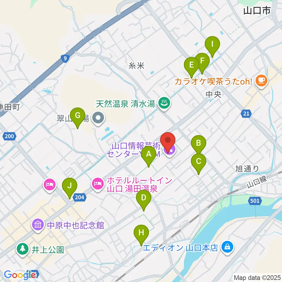 山口情報芸術センターYCAM周辺のカフェ一覧地図