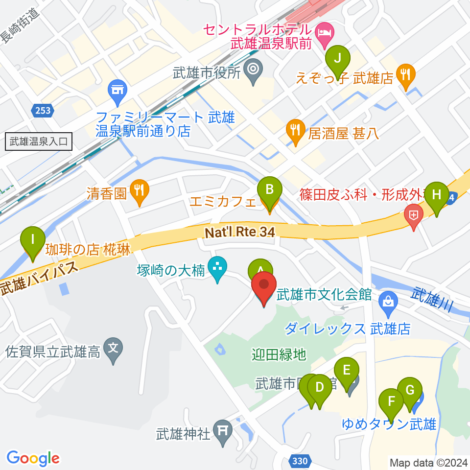 武雄市文化会館周辺のカフェ一覧地図