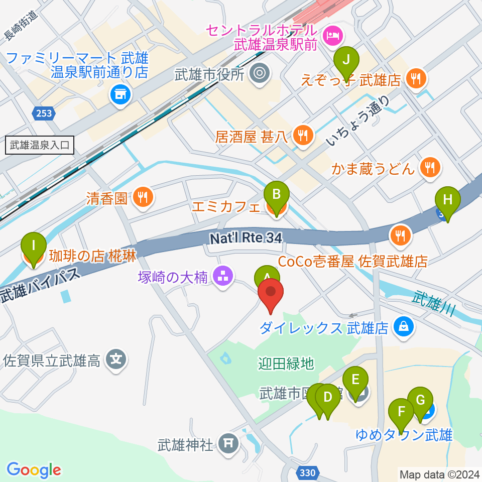 武雄市文化会館周辺のカフェ一覧地図