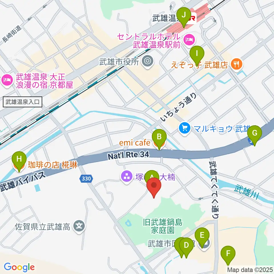 武雄市文化会館周辺のカフェ一覧地図