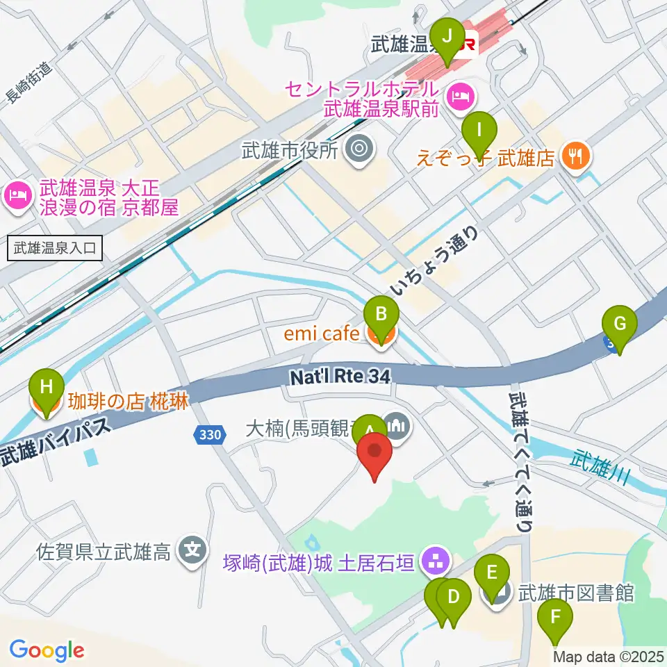 武雄市文化会館周辺のカフェ一覧地図