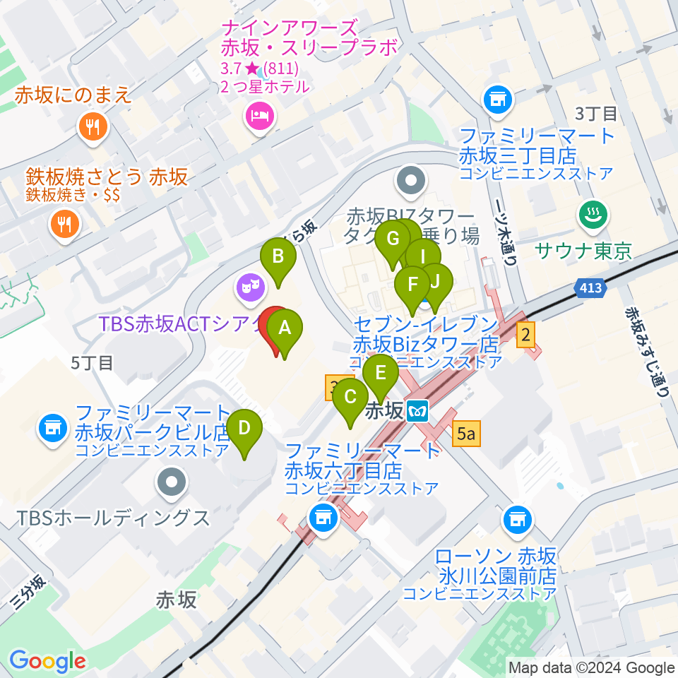 TBS赤坂ACTシアター周辺のカフェ一覧地図