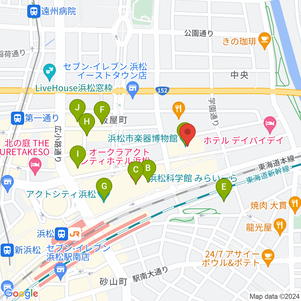 浜松市楽器博物館周辺のカフェ一覧地図