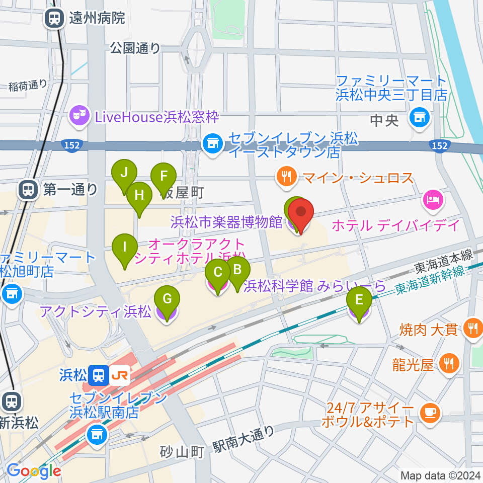 浜松市楽器博物館周辺のカフェ一覧地図